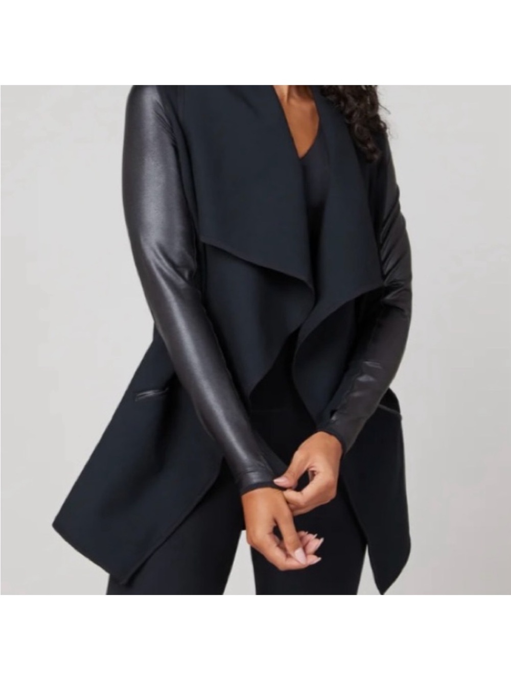 SPANX Black Draped Jacket with Faux-Leather Sleeves